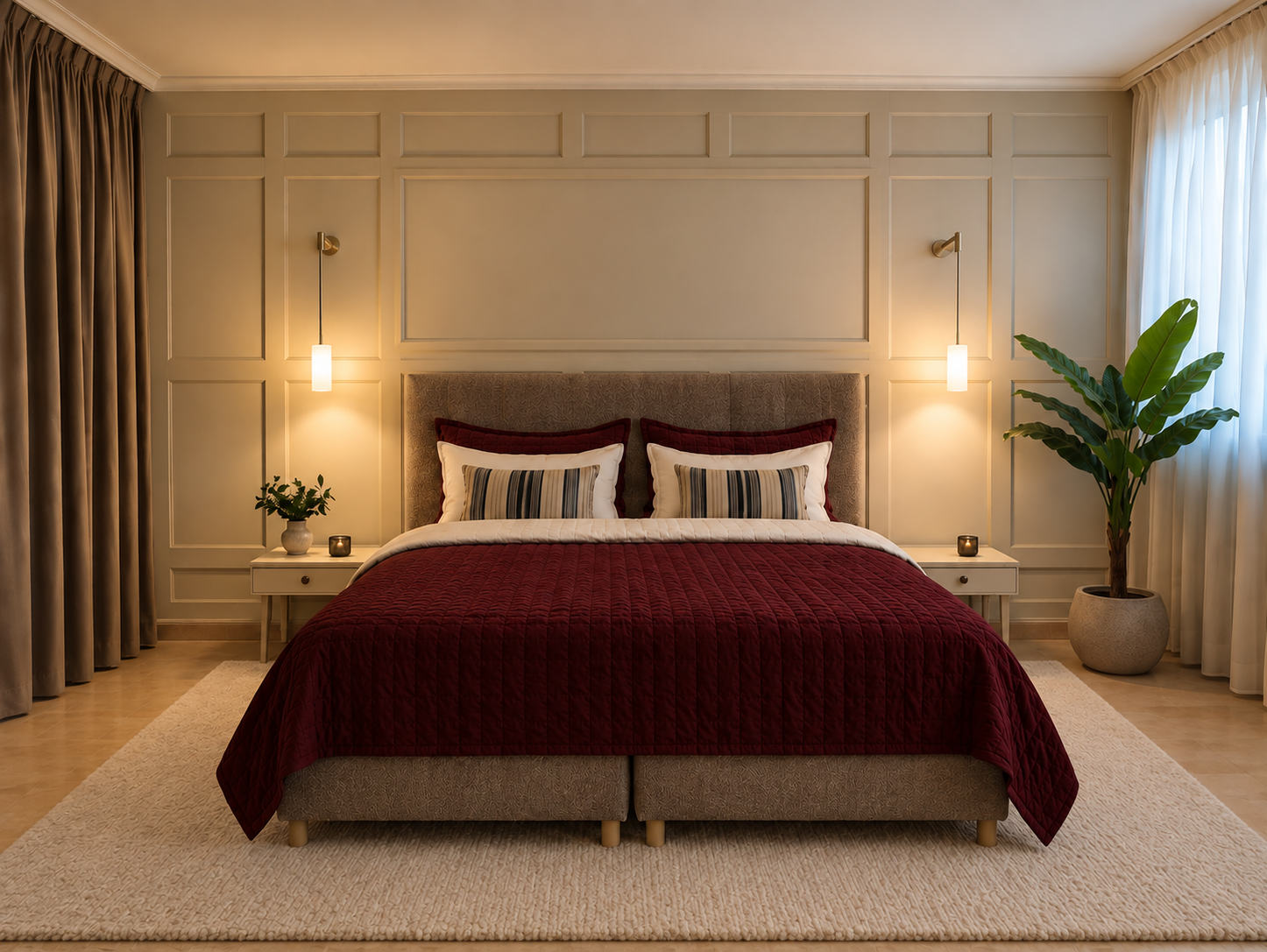 Mini Suite no Carvoeiro com cama estofada, painéis decorativos e têxteis em borgonha
