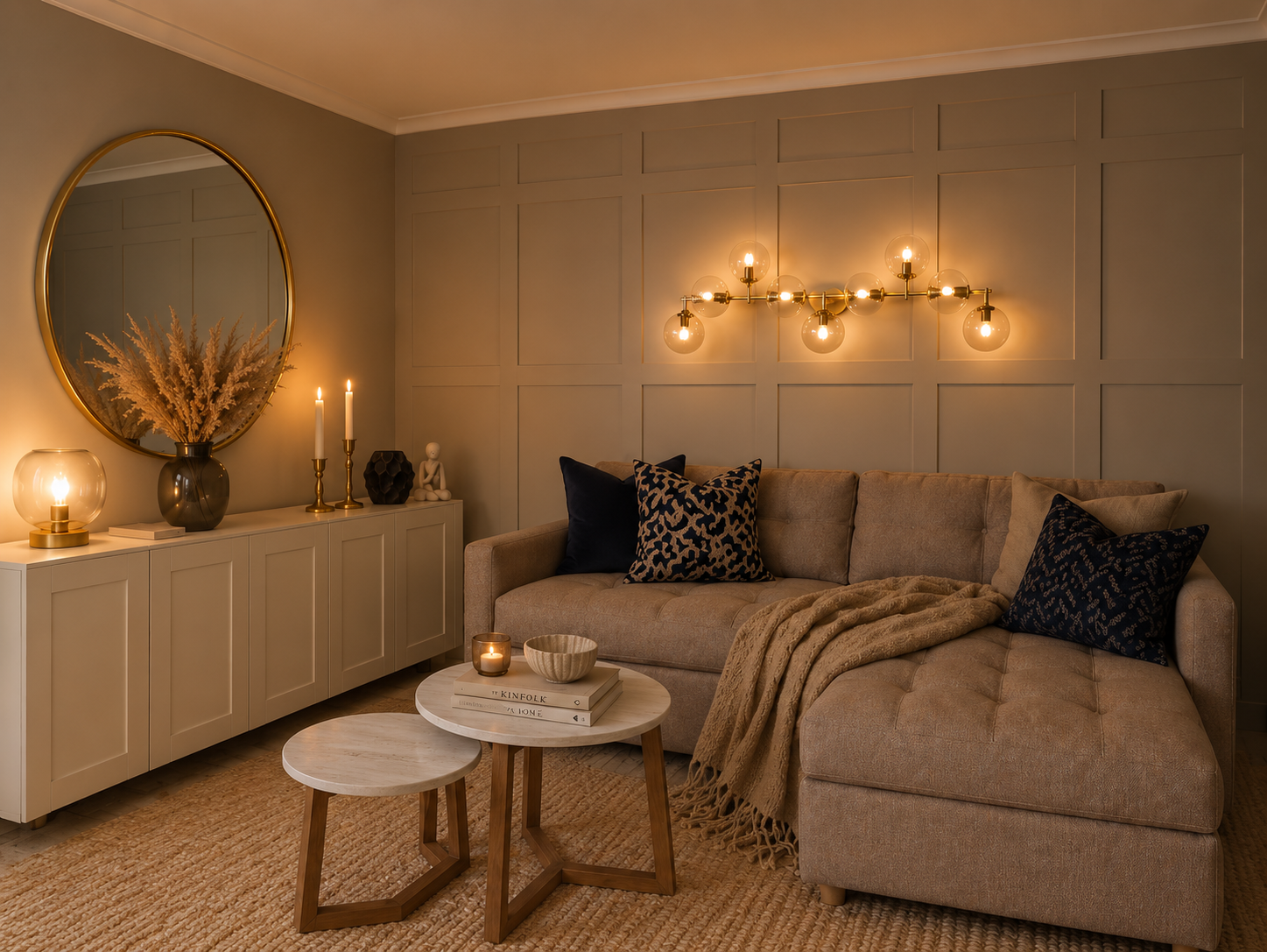Zona de estar da Mini Suite no Carvoeiro com sofá acolhedor, painéis decorativos e iluminação quente