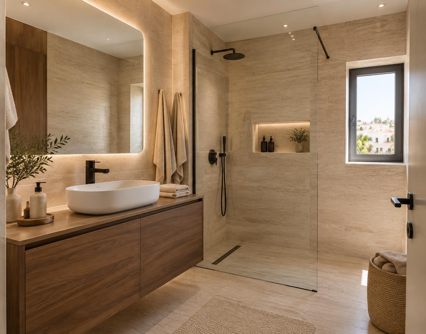 Casa de banho renovada em travertino com móvel em nogueira e torneiras pretas