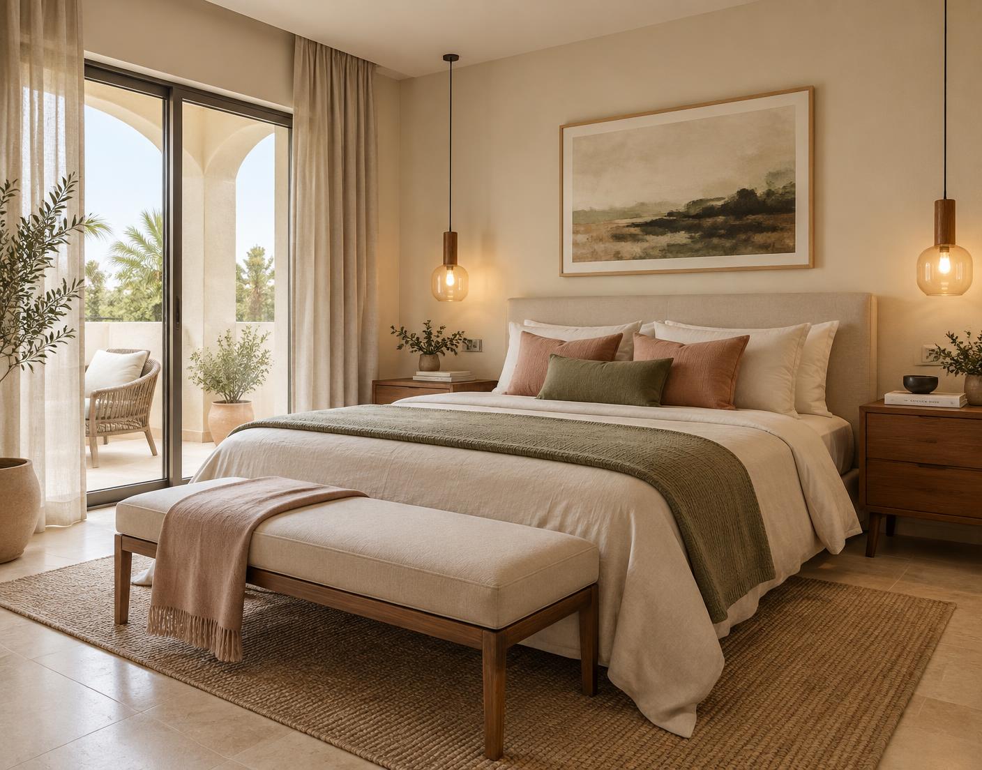 Quarto renovado com mesas de cabeceira em nogueira e roupa de cama em linho natural