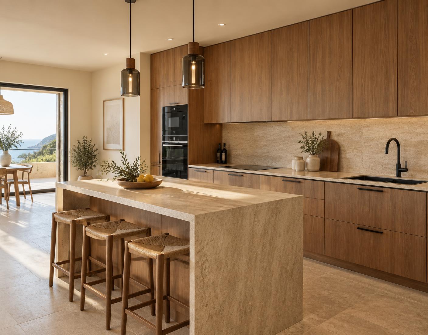 Cozinha renovada com armários em nogueira, bancada em travertino e detalhes pretos