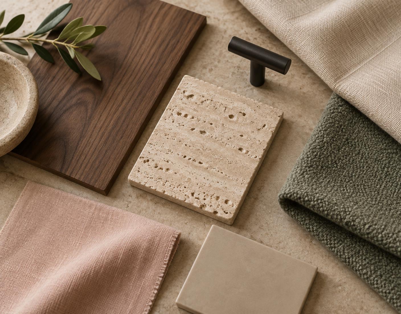 Amostras de materiais: nogueira, travertino, linho, lã verde-sálvia e detalhes pretos